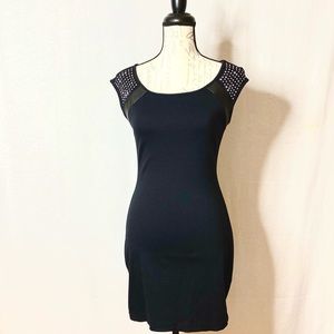 EXPRESS: BLACK BODYCON STUDDED/LEATHER CAP SLEEVE